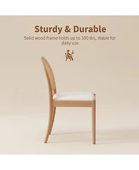 Flynama Set of 2 Rattan Back Linen Dining Chairs, Solid Wood Leg Teddy Cushion 275lbs Capacity