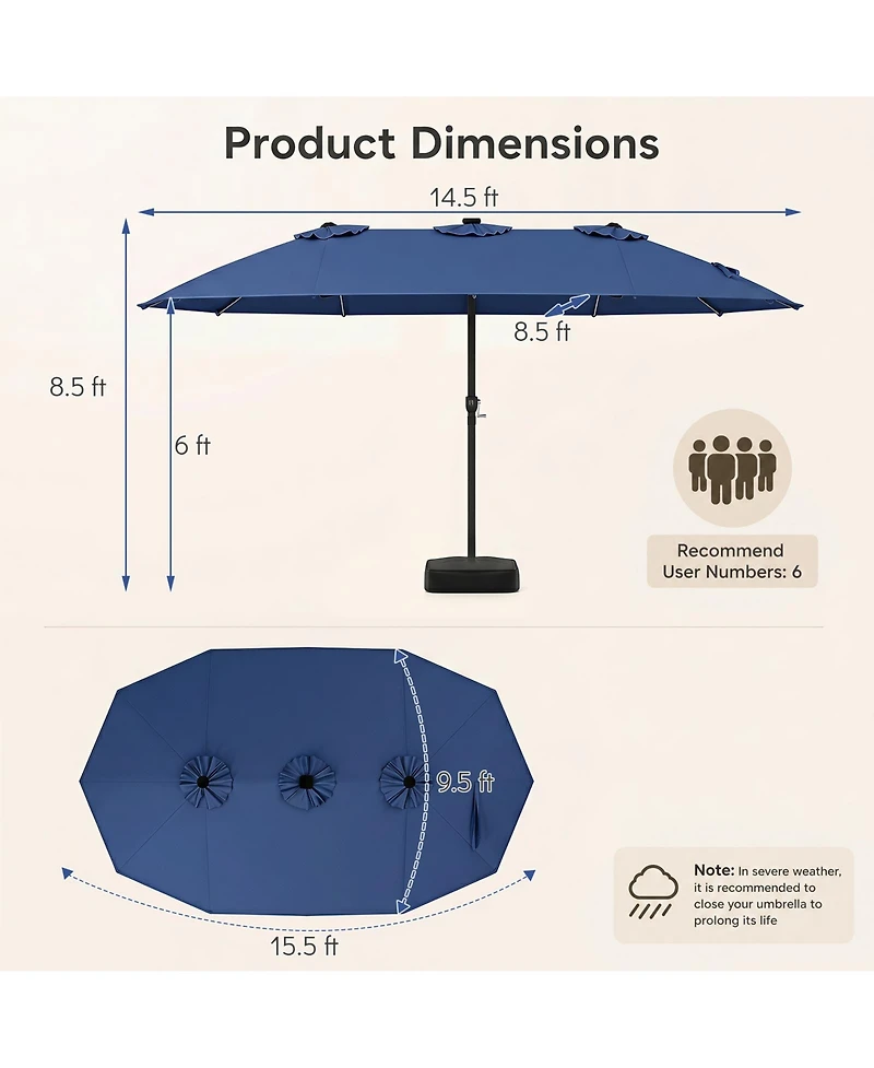 Gymax 15.5 Feet Extra-Large Patio Umbrella with Base Included 12 Ribs Light Modes