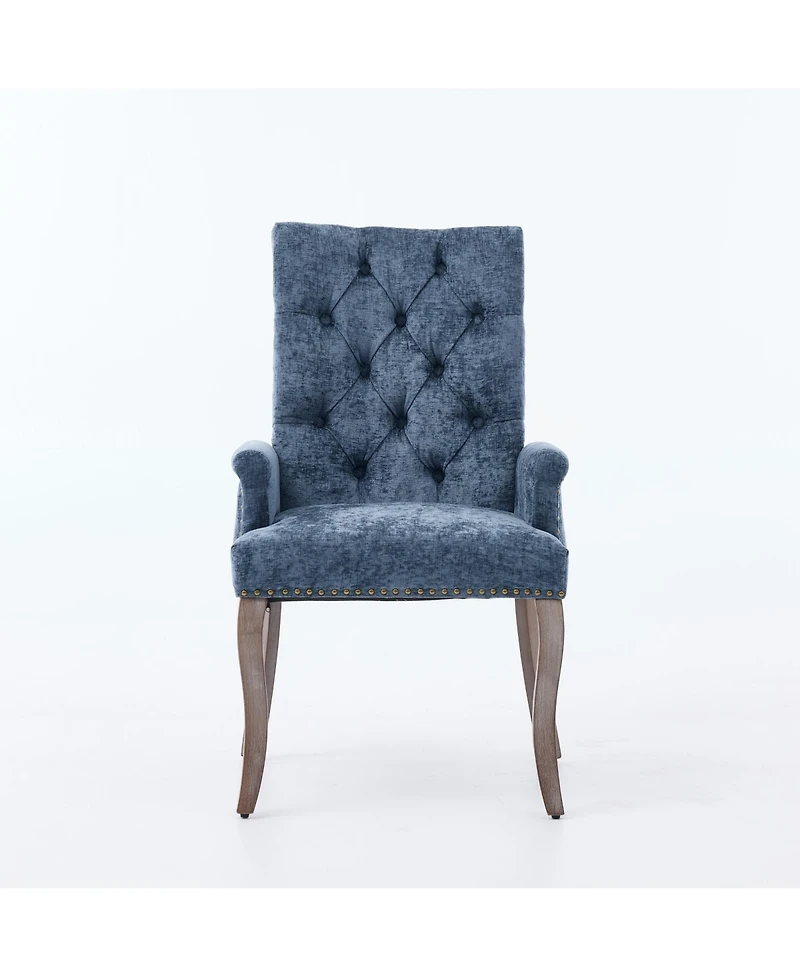 Flynama Single Pack Chenille Upholstered Tufted Solid Wood Leg Arm Dining Chair