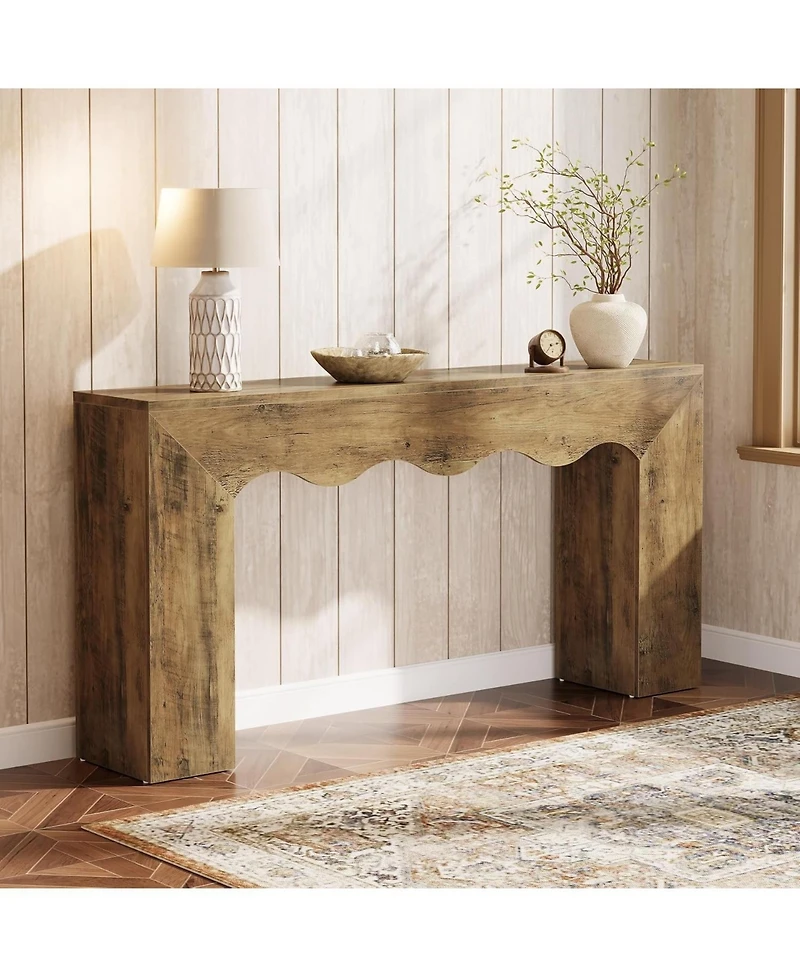 Tribesigns 63" Farmhouse Console Table with Wavy Edge and Storage