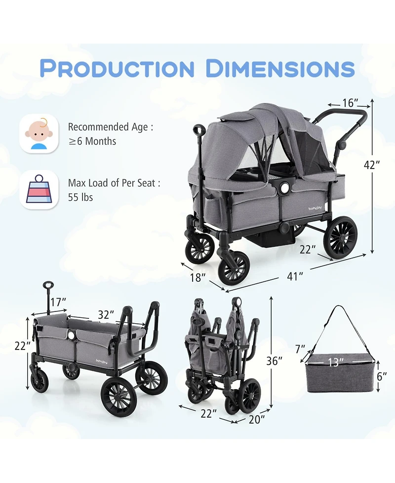 Costway Wagon Stroller for 2 Kids Push Pull Double Stroller