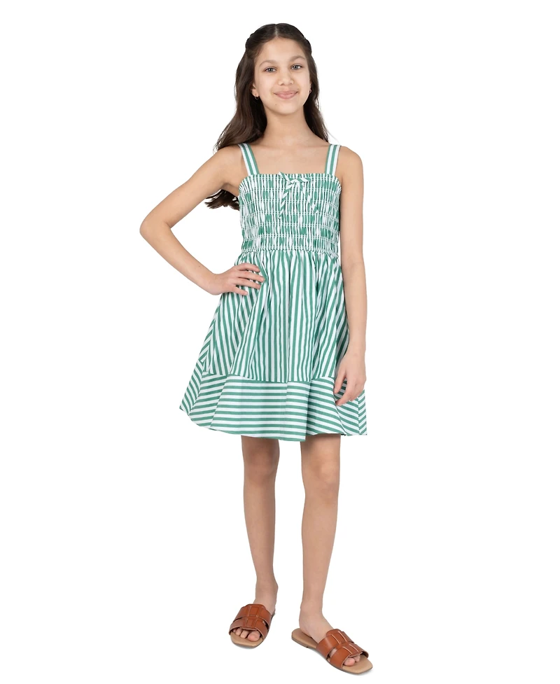 Rare Editions Girls' 7-16 Striped Cotton Smocked Bodice To Shirred Dress