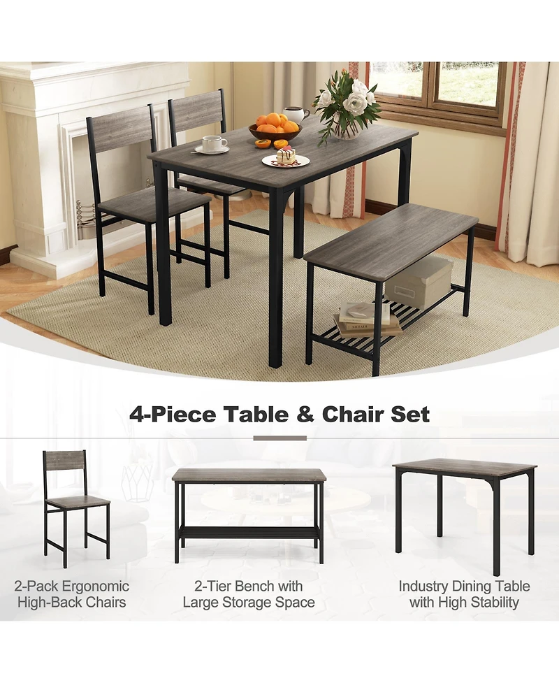 Mecale 4-Piece Rustic Dining Table Set with Storage Bench and 2 Chairs