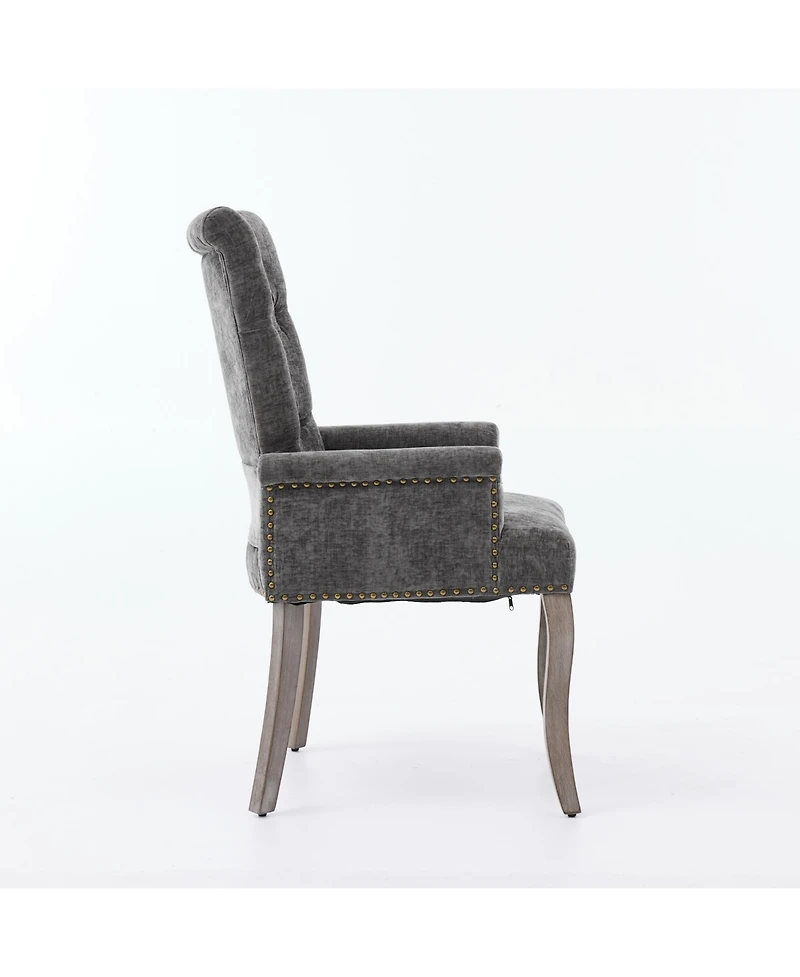 Flynama Upholstered Chenille Arm Dining Chair, Tufted Accent Chair with Curved Solid Wood Legs