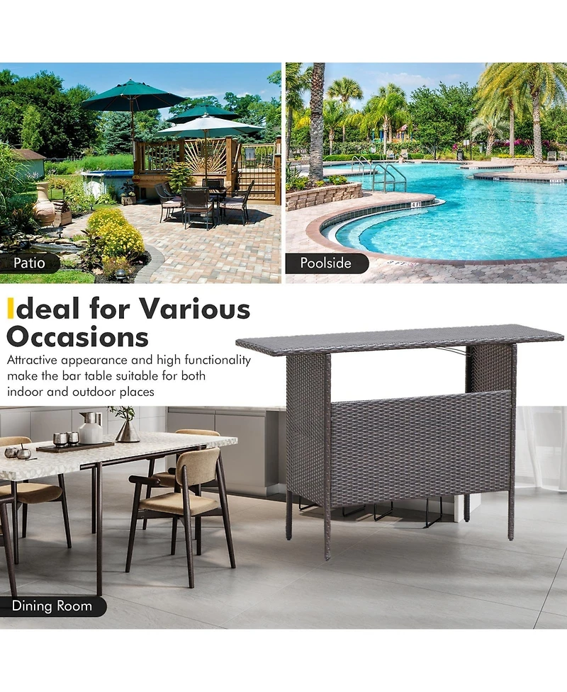 Mecale 55-Inch Outdoor Wicker Bar Table with 2 Storage Shelves