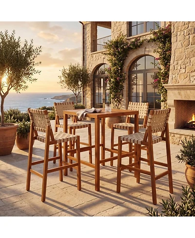 Asagikoiai 5-Piece Acacia Wood Outdoor Bar Height Dining Set with Rope Stools and Square Table