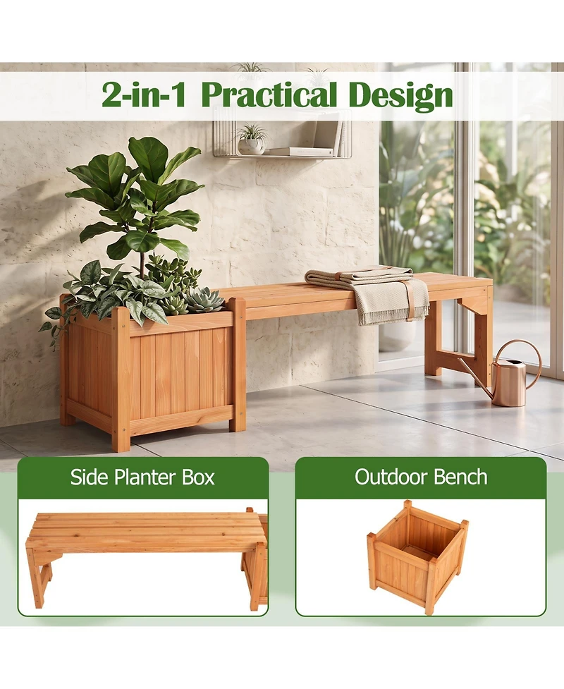 Gymax 2 Piece Outdoor Bench with Raised Garden Bed Fir Wood Planter Box with Spacious Seat