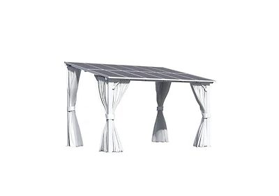 Aecojoy 12' x 8'Wall Mounted Hardtop Gazebo Lean to Metal Pergola with Curtains Netting Patio