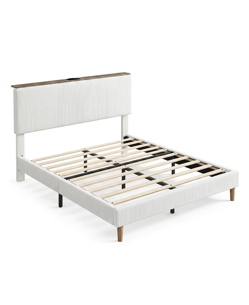 gaomon Queen Bed Frame – Upholstered Platform with Corduroy Storage Headboard, Charging Station and Led Lights, No Box Spring