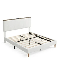 gaomon Queen Bed Frame – Upholstered Platform with Corduroy Storage Headboard, Charging Station and Led Lights, No Box Spring