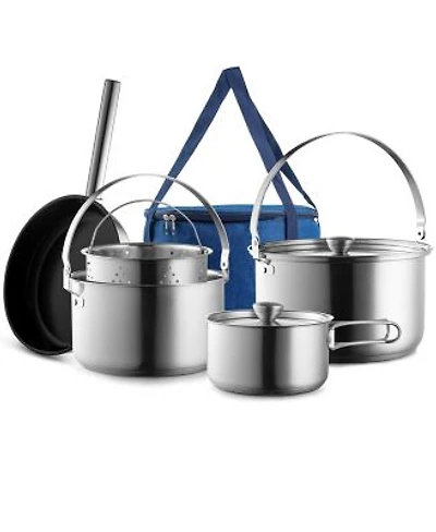 Piscifun 8 Piece 304 Stainless Steel Camping Cookware Set With Travel Bag For Outdoor Indoor Cooking