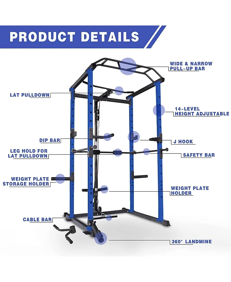 Sevorley Power Rack with Lat Pulldown and Low Row, Multi-Function Home Gym Cage, 1000 lb Capacity