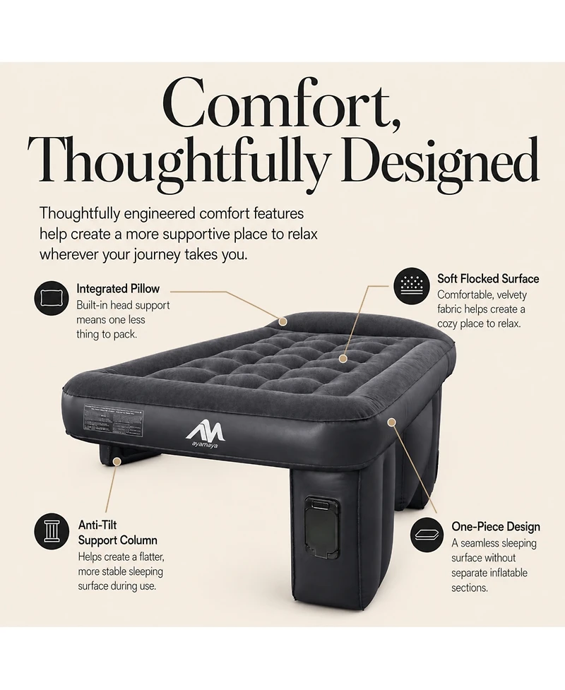 Ayamaya Xl Car Air Mattress for Back Seat with Rechargeable Pump, Comfortable Travel Bed for Suv and Sedan Trips