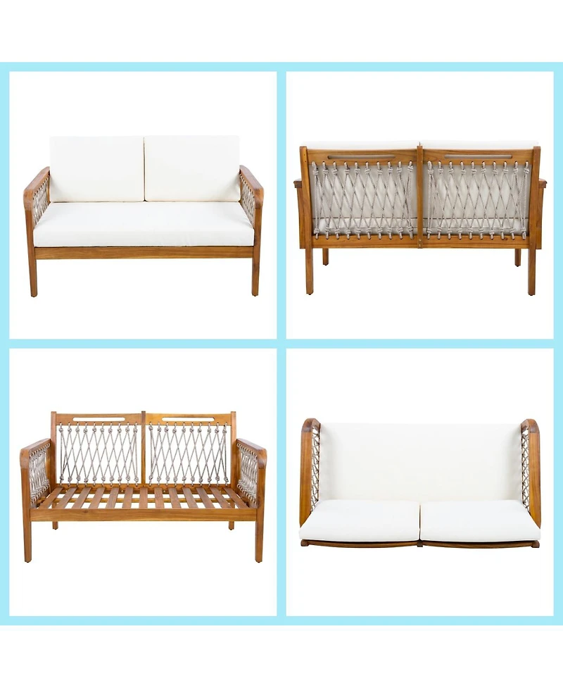 Asagikoiai 4 Piece Acacia Wood Patio Conversation Set with Rope Armrests and Cushions