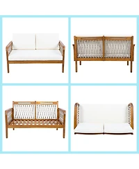 Asagikoiai 4 Piece Acacia Wood Patio Conversation Set with Rope Armrests and Cushions