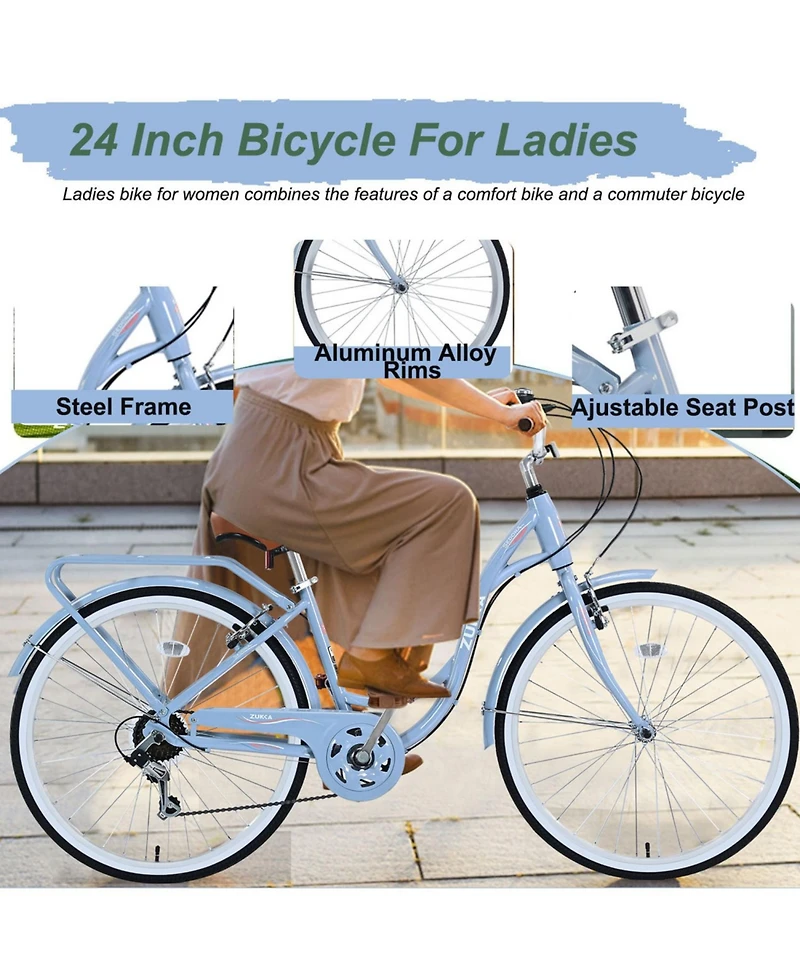 ECHTPeak 24-Inch Beach Cruiser Bike, 7 Speed V - Brake Cruiser Bike, Anti-Skid Tires, with Rear Rack Bell, Steel Frame, for Girls Women Senior