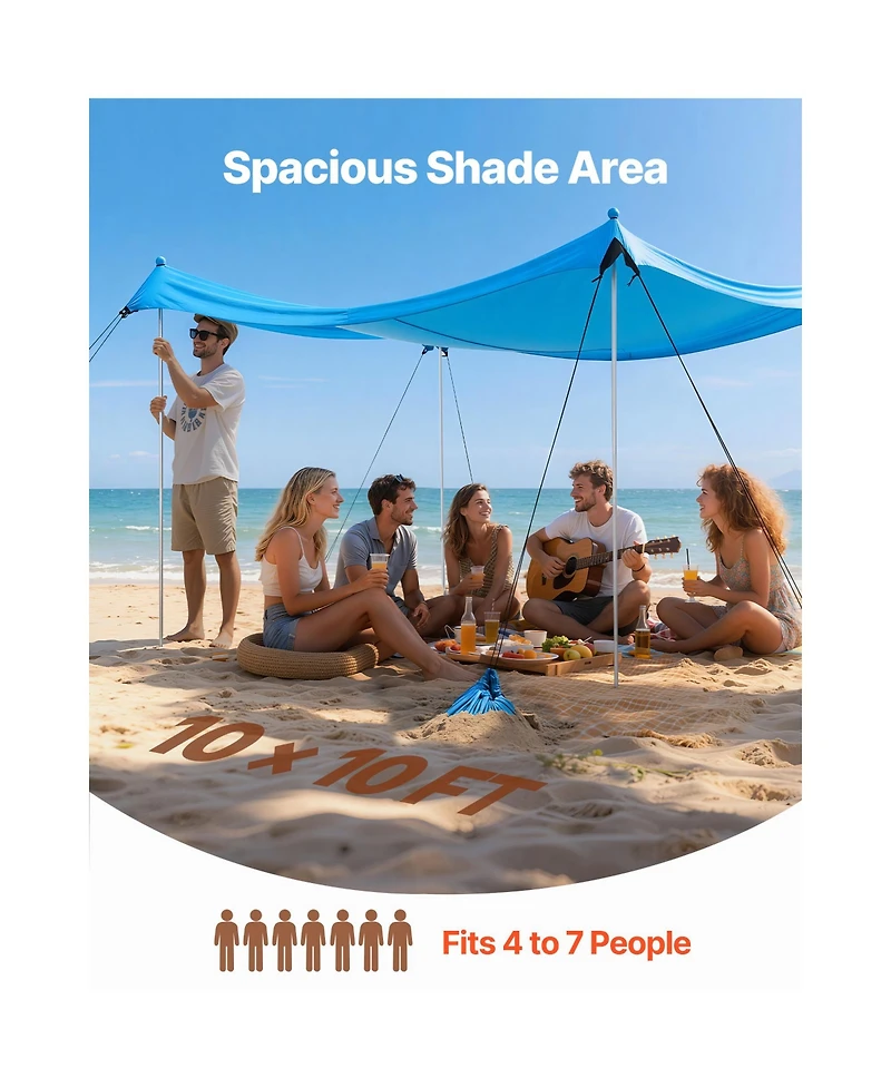 Hongge Pop Up Beach Canopy 10 x 10 feet Upf 50 Plus Stretch Shelter with 8 Sandbags Poles and Sand Shovels