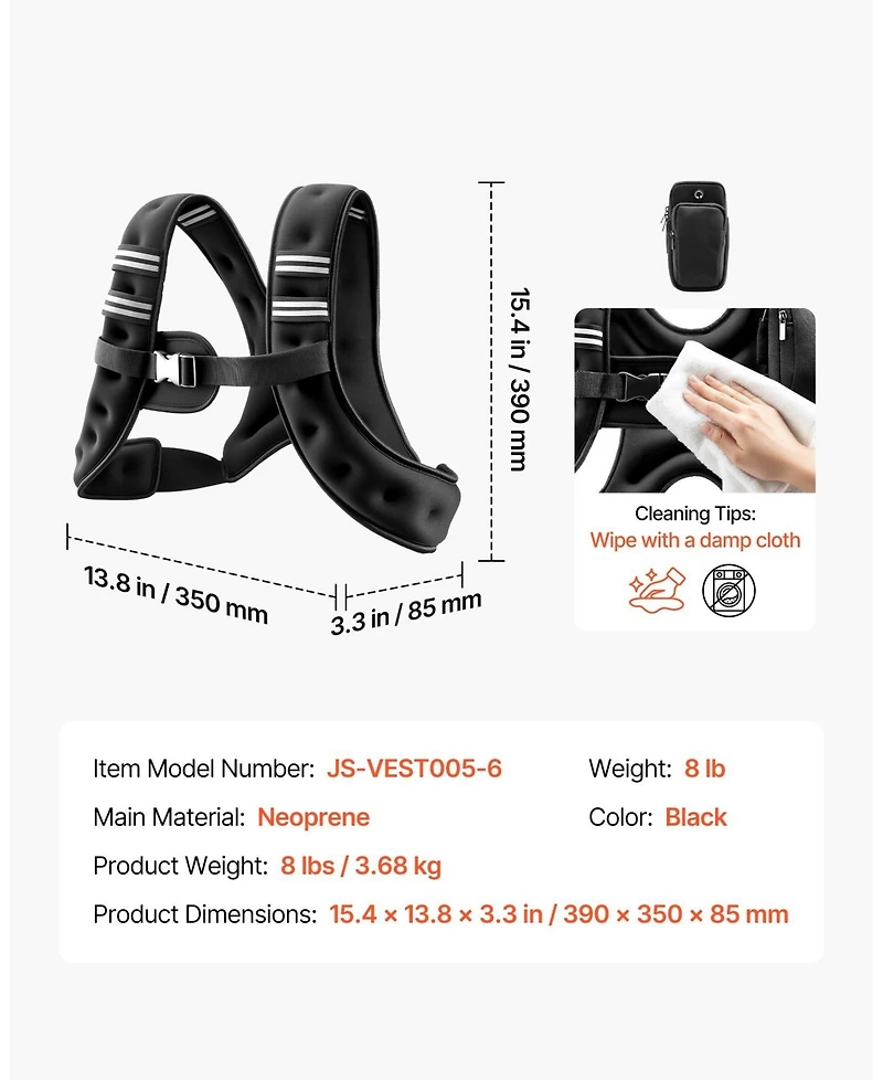 Hongge Adjustable 8 lb Body Weight Vest with Reflective Stripe for Jogging Fitness and Muscle Building