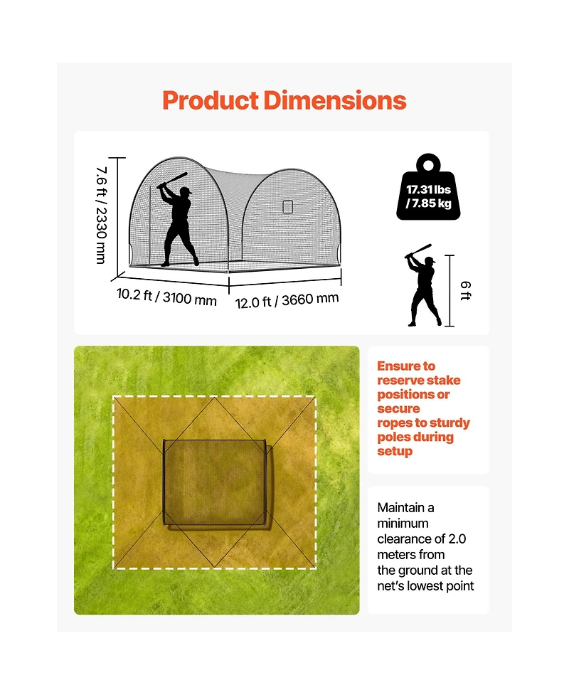 Hongge Freestanding Baseball Batting Cage 12 x 10.2 x 7.6 ft with 4-Ply Knotless Netting and Pitching Machine Opening
