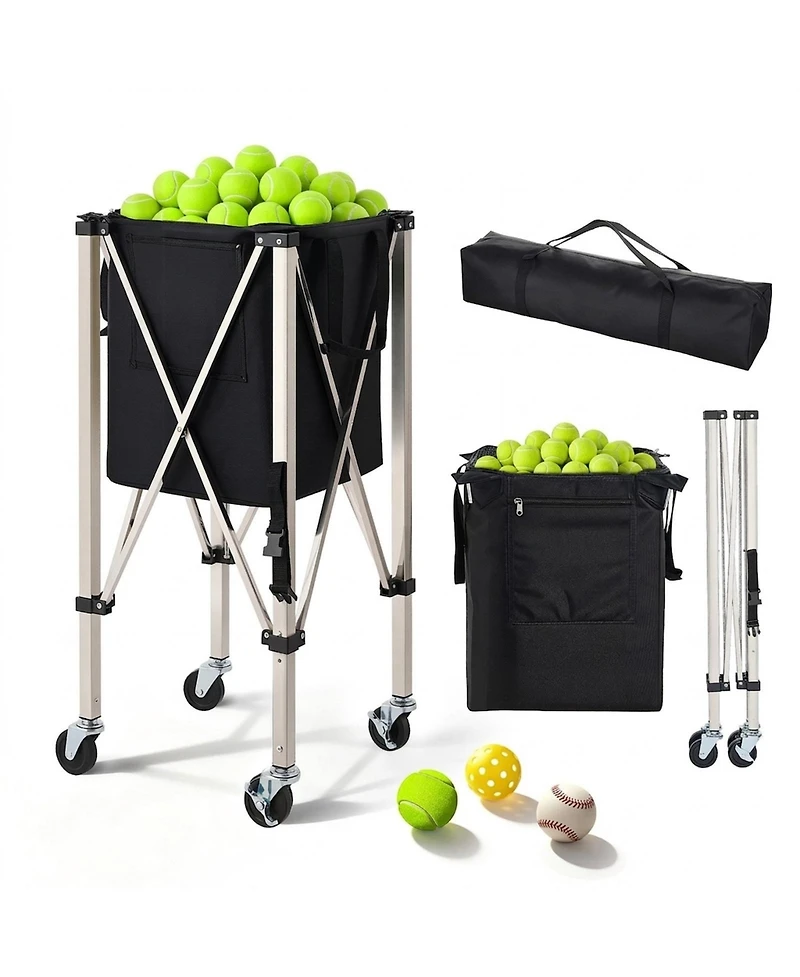 Hongge Stainless Steel Tennis Ball Hopper Cart Holding 200 Balls with Locking Swivel Wheels and Storage Bag