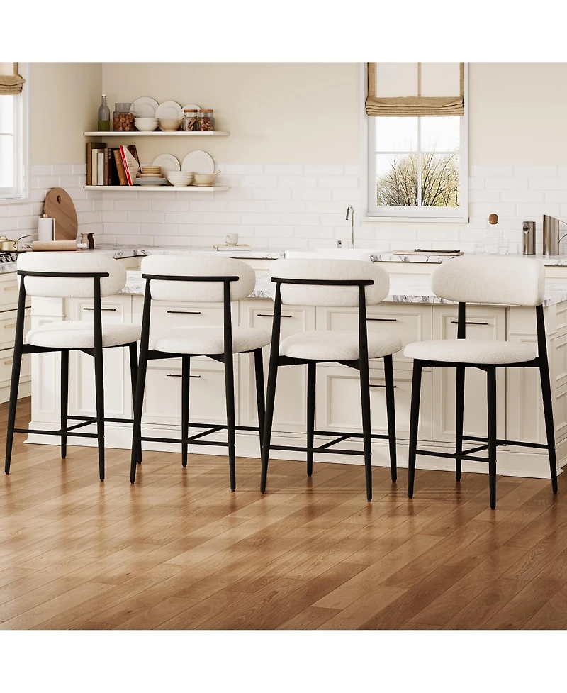 Maison Boucle Set of 2 Modern Mid-Century Counter Height Bar Stools, Linen Upholstered Barstools with Back