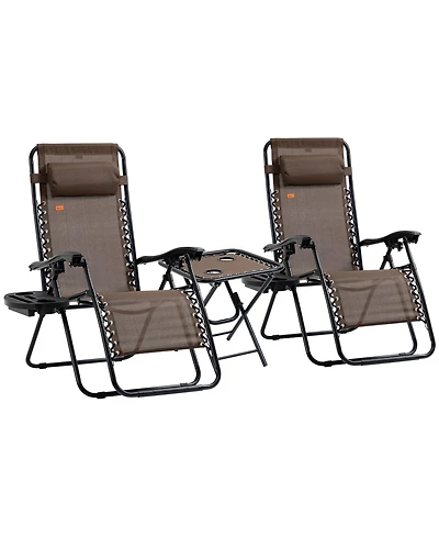 Mountaintop Zero Gravity Chair Set 3 Piece Recliner with Side Table Cup Holder Headrest Brown Poolside Camping