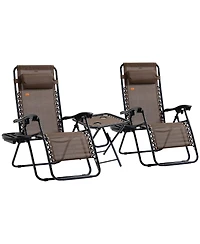 Mountaintop Zero Gravity Chair Set 3 Piece Recliner with Side Table Cup Holder Headrest Brown Poolside Camping