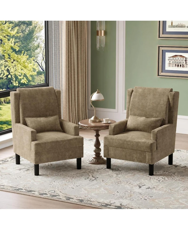homfan Set of 2 Wingback Accent Chairs - Mid-Century Chenille Reading Chair, High Back, 5.1" Cushion, Wood Frame and Lumbar Pillow, 350 lbs