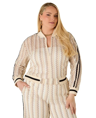 Ashley Stewart Plus Striped Crochet-Knit Bomber Jacket