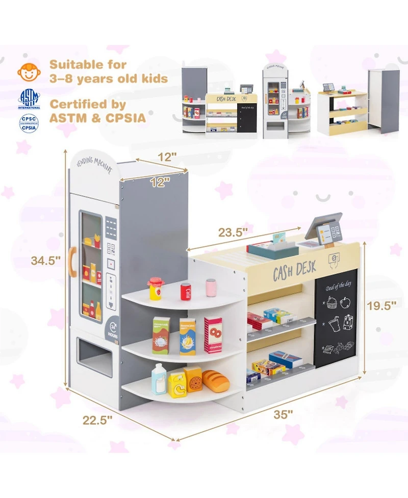 Sugift Wooden Market Stand with Cash Register & Vending Machine 13-Piece Playset, Ages 3+