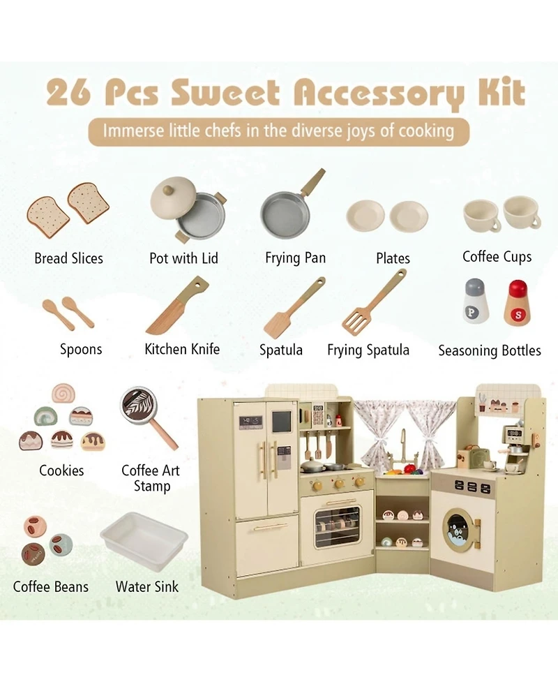 Sugift Corner-Fit Wooden 21-Piece Play Kitchen, Ages 3+