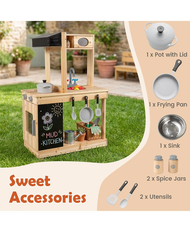 Sugift Kids Outdoor Mud Kitchen Fir Wood Play Station with Rotatable Stove Knobs and Chalkboard Ages 3 Plus
