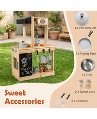 Sugift Kids Outdoor Mud Kitchen Fir Wood Play Station with Rotatable Stove Knobs and Chalkboard Ages 3 Plus