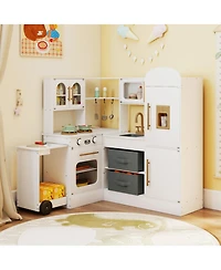 Sugift Corner Kitchen Playset with Retractable Countertop and Working Ice Maker, Ages 3+