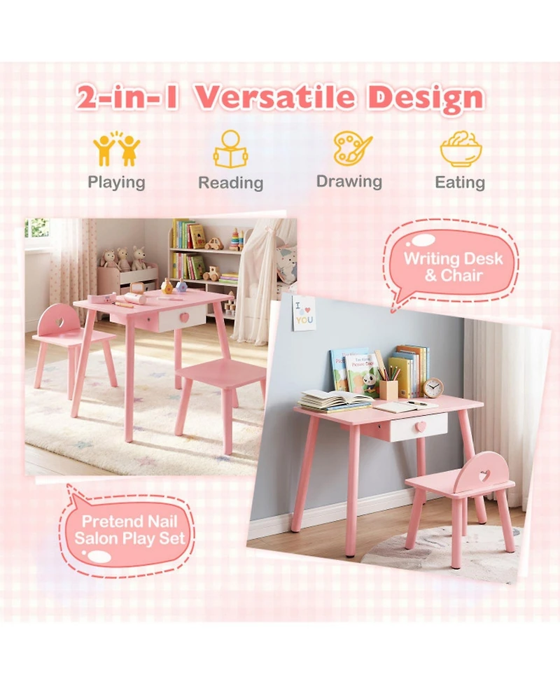Sugift 2-in-1 Wooden Vanity Table with Chair and Stool Set, Ages 3+
