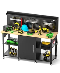 Streamdale Furniture 60" Heavy-Duty Workbench with Cabinet, Wood Top, Pegboard and Power Outlet