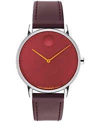 Movado Men's Face Swiss Quartz Dark Cherry Leather Watch 39mm