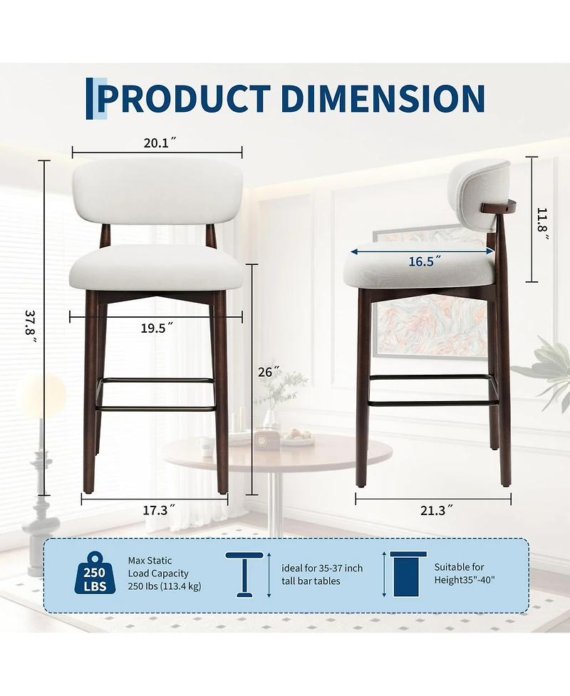 gaomon Set of 4 Upholstered Counter Height Bar Stools with Wood Legs and Curved Back, Linen Kitchen Island Chairs with Footrest