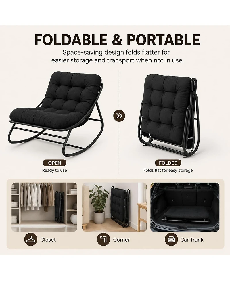 gaomon Outdoor Foldable Rocking Chair with Padded Oxford Cushion, Heavy-Duty Iron Frame Patio Rocker for Porch, Garden, Balcony and Living Room