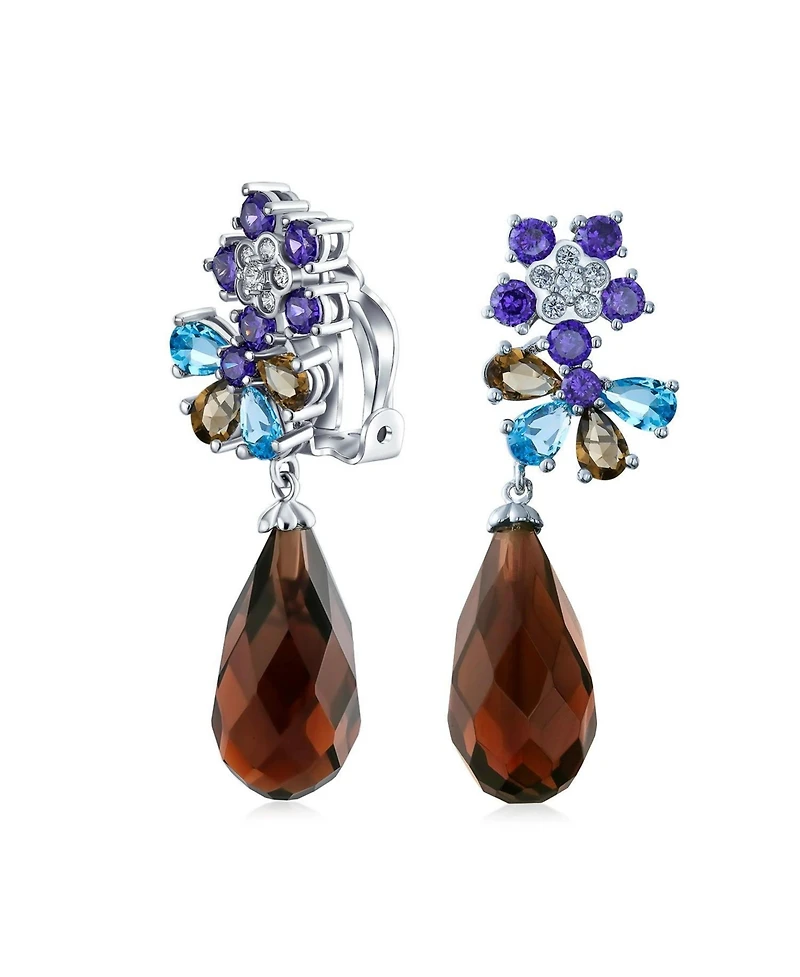 Bling Jewelry Burgundy Cz Teardrop Flower Clip-On Earrings Silver Plated Brass Prom Jewelry