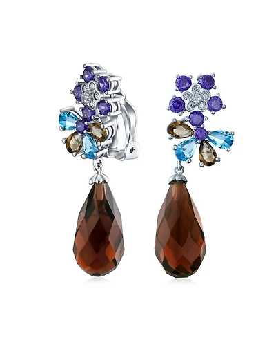 Bling Jewelry Burgundy Cz Teardrop Flower Clip-On Earrings Silver Plated Brass Prom Jewelry