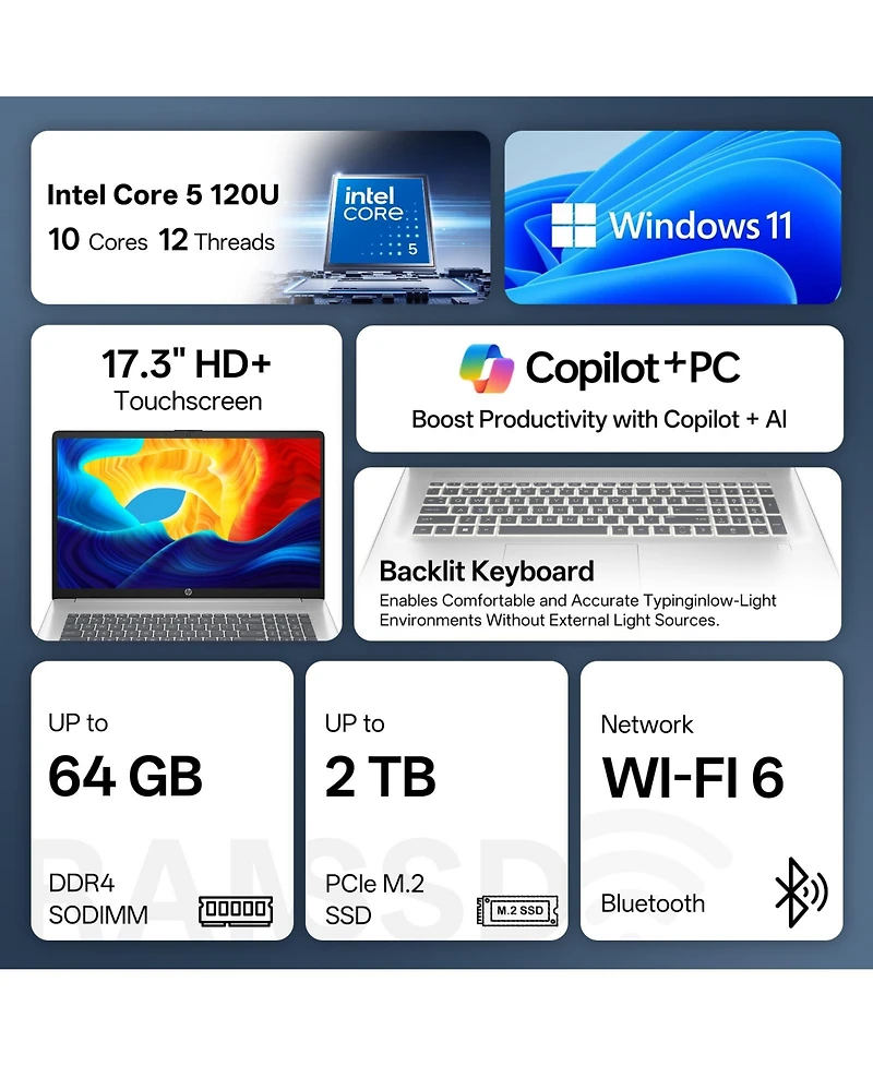 Hp Essential 17.3" Hd+ Touchscreen Laptop, Intel Core 5 120U, Intel Graphics, 16GB Ram, 1TB Ssd, Wi-Fi 6, Win11 Home, Silver