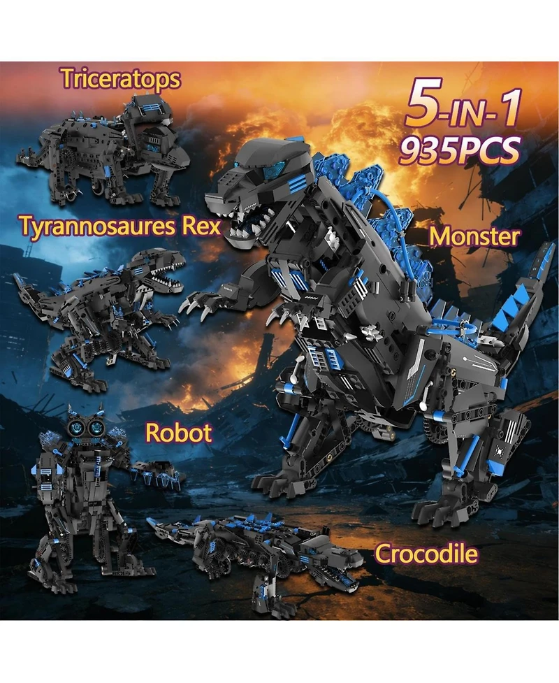 5-in-1 Remote Control Dinosaur Building Blocks Stem Toy Set, Rc Programmable Robot Kit with App Control, Indoor Outdoor Play