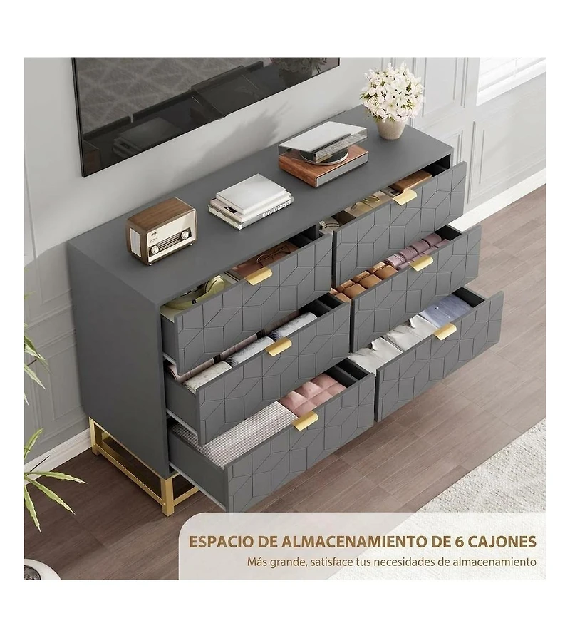 Dresser for Bedroom, 6 Drawer Dresser with Metal Legs, Wood Dressers Chest Organizer with Wide Storage, Modern Chest of Drawers for Bedroom, Hallway