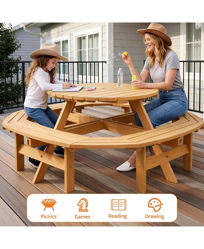 8 Person Wooden Picnic Table, Outdoor Model with 4 Built-in Benches, Circular Dining Set with Umbrella Hole for Garden Patio Backyard