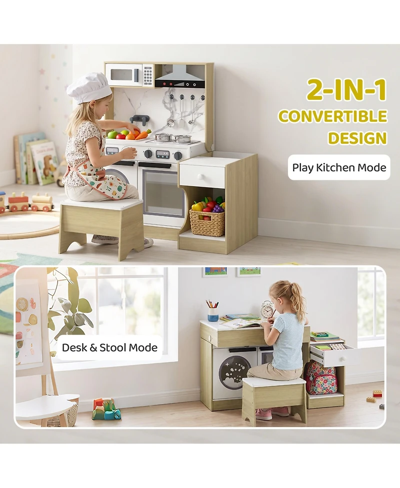Qaba 2-in-1 Convertible Wooden Play Kitchen and Chair Set, Ages 3+