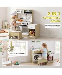 Qaba 2-in-1 Convertible Wooden Play Kitchen and Chair Set, Ages 3+