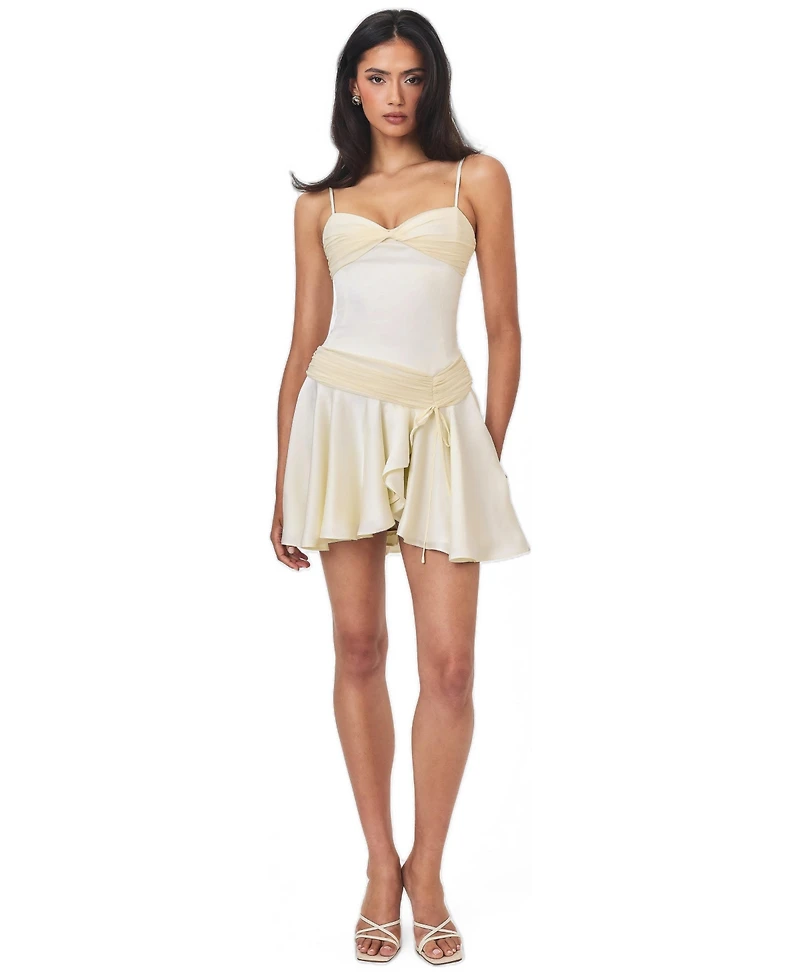 Miss Circle Women's Yvonne Ivory Satin Asymmetrical Ruched Mini Dress