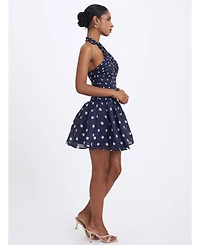 Miss Circle Women's Yamina Navy Polka Dot Ramie Crossover Halter Gathered Mini Dress
