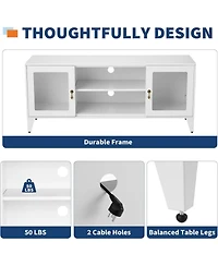 47.3" Modern White Metal Media Console with Glass Doors and Adjustable Shelves
